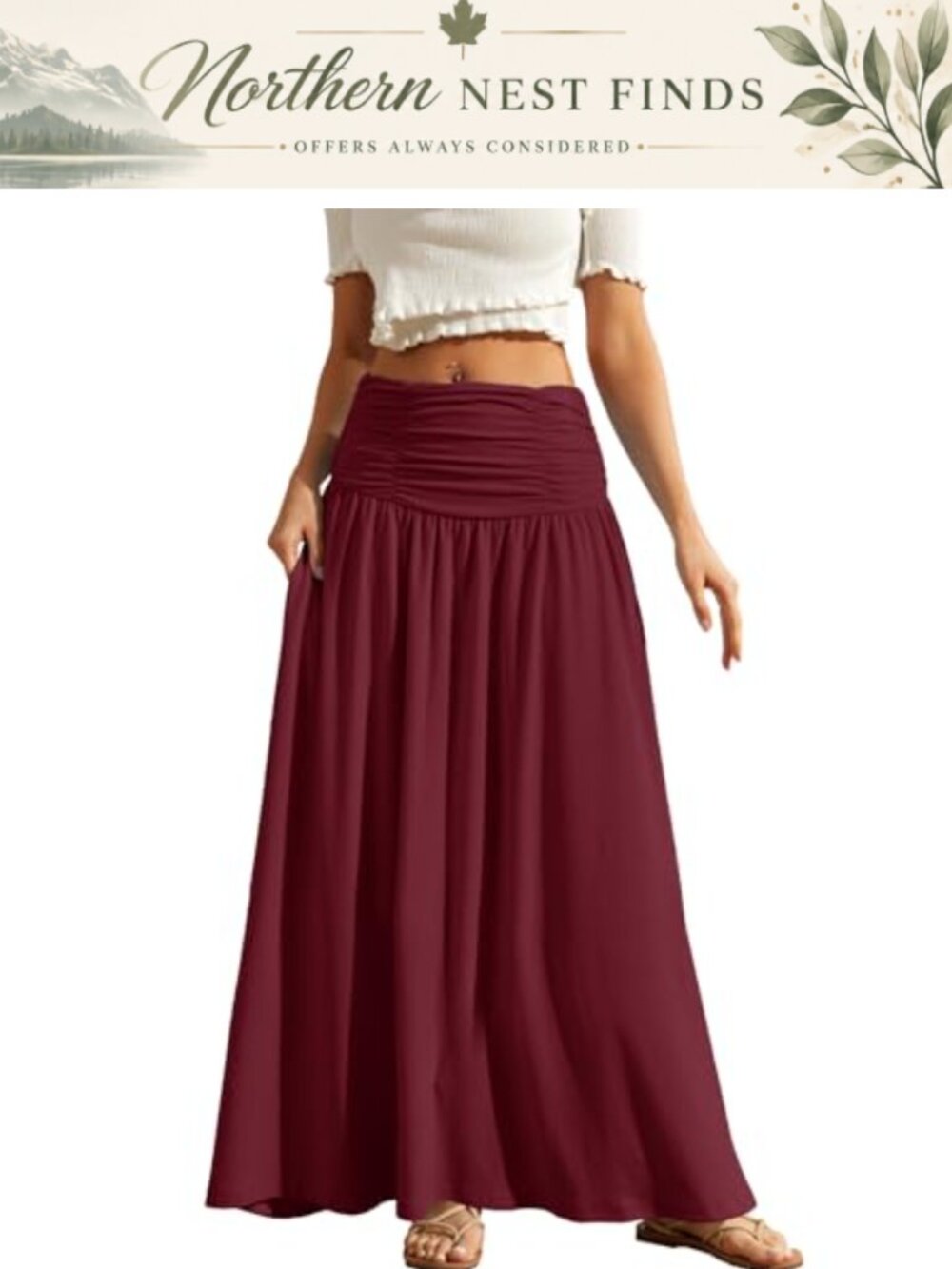 Women's Maxi Skirt Long Flowy Ruched High Waist Stretchy Pockets A-Line